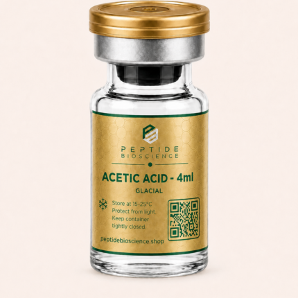 Small glass vial of acetic acid with gold cap for laboratory use.