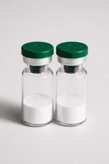 Two glass vials with white powder, labeled for glutathione supplements.