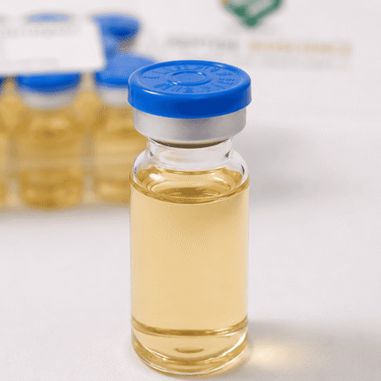 Clear peptide sample vial with blue cap for laboratory use.