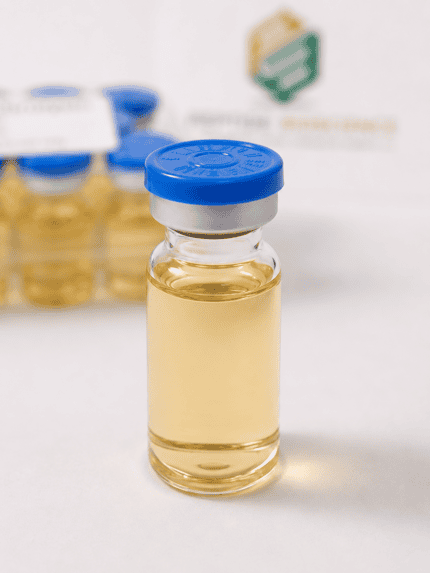 Clear peptide sample vial with blue cap for laboratory use.