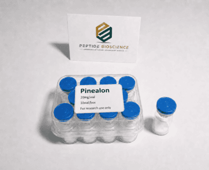 Pinealon peptide vial for research, 20mg, high purity, in a clear container with blue caps.