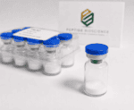 Laboratory vial containing white peptide powder for research and synthesis.