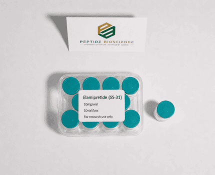 Vial of Elamipretide (SS-31) peptide supplement for research, Peptide Bioscience logo in background.