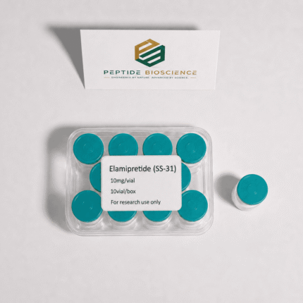 Vial of Elamipretide (SS-31) peptide supplement for research, Peptide Bioscience logo in background.