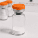 Laboratory vial containing white peptide powder for research and synthesis.
