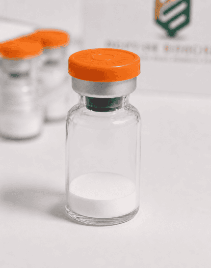 Laboratory vial containing white peptide powder for research and synthesis.