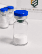 Laboratory vial with white peptide powder for research and development.