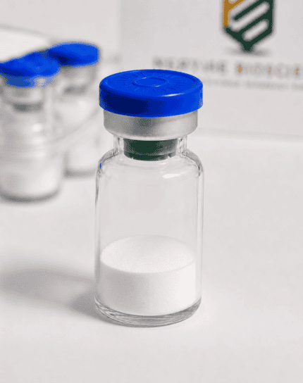 Laboratory vial with white peptide powder for research and development.