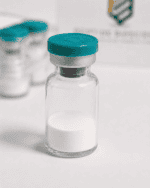 Vial with white peptide powder for research and laboratory use. High-quality peptides for scientific.
