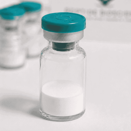 Vial with white peptide powder for research and laboratory use. High-quality peptides for scientific.