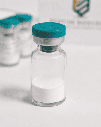 Vial with white peptide powder for research and laboratory use. High-quality peptides for scientific.