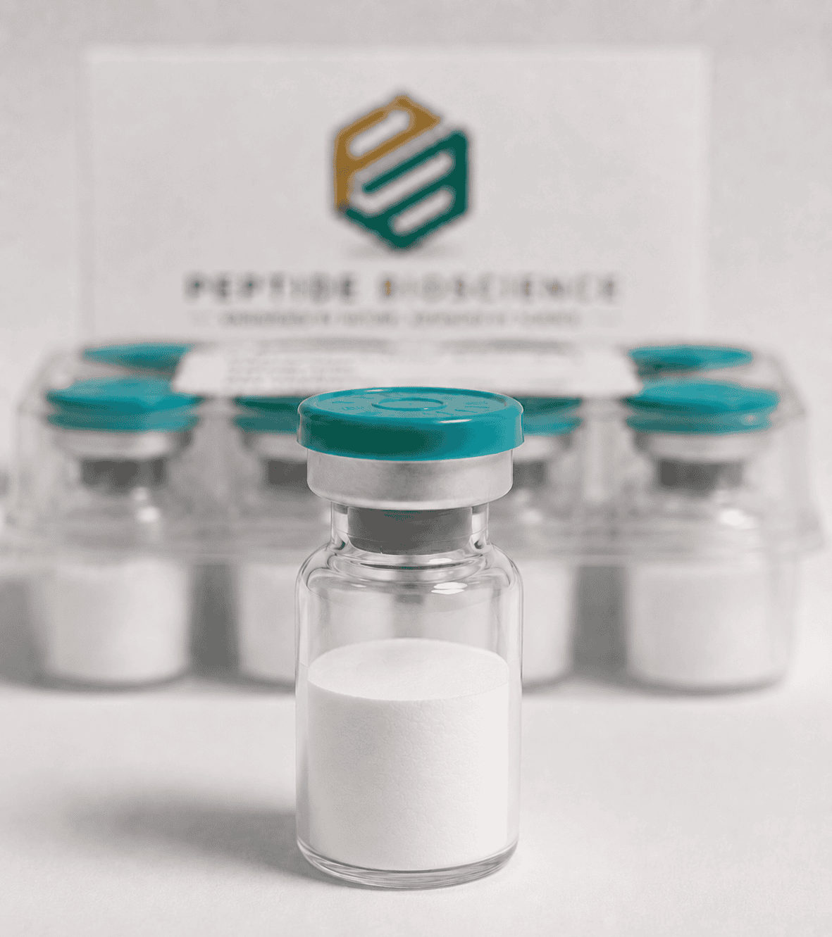 Vial of peptide powder from Peptide Bioscience for research and development.