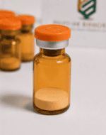 Amber glass vial with orange cap containing peptide powder for scientific use.