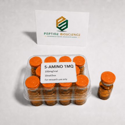Research peptide bottles labeled 5-AMINO 1MQ from Peptide Bioscience.