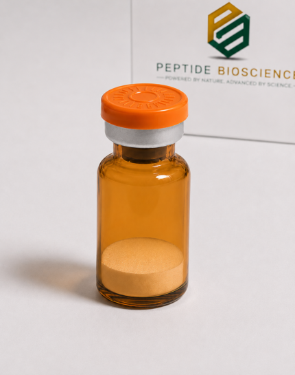 Vial of peptide powder with Peptide Bioscience branding in background.