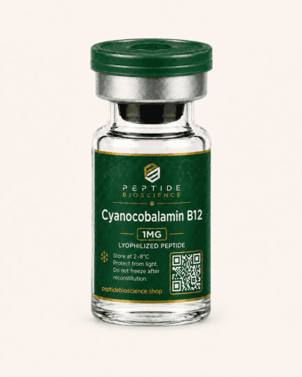 Cyanocobalamin B12 peptide supplement in glass vial with green label.