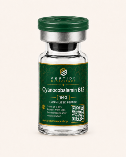Cyanocobalamin B12 peptide supplement in glass vial with green label.