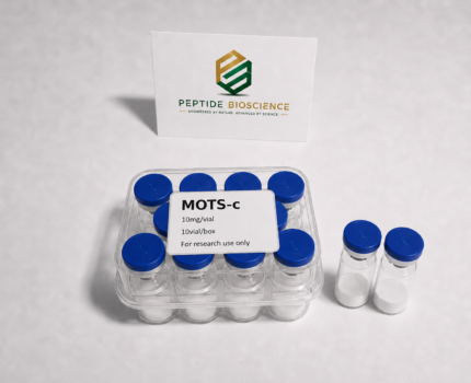 MOTS-C peptide vials with blue caps and research label from Peptide Bioscience.