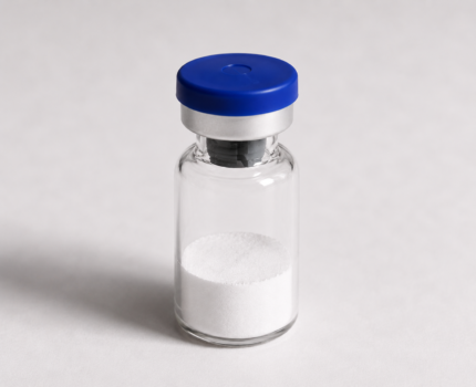Vial of white peptide powder for research and laboratory use.
