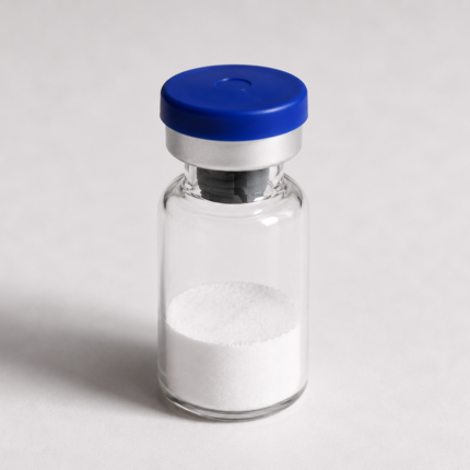 Vial of white peptide powder for research and laboratory use.