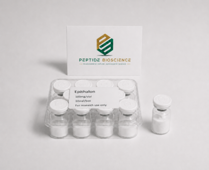 Epithalon peptide vials with Peptide Bioscience logo in background.