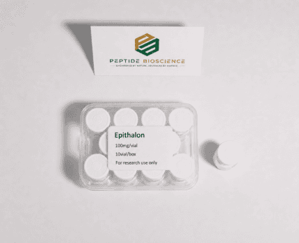 Epitalon peptide vials with Peptide Bioscience logo in background.