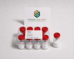 Vilon peptide vials with red caps in a clear container for research use.