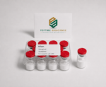 Vilon peptide vials with red caps for scientific research use.