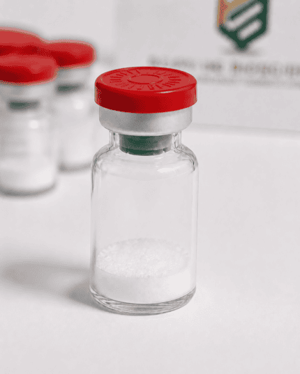 Clear glass vial with white powder and red cap for HGH peptide.