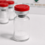 Vilon peptide vial with white powder, laboratory setting, clear glass container.