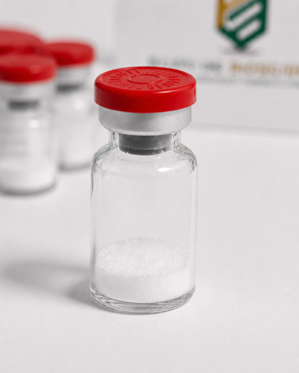 Vilon peptide vial with white powder, laboratory setting, clear glass container.
