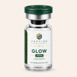 Peptide Bioscience GLOW 70MG research peptide in glass vial with green cap.