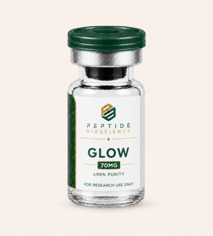 Peptide Bioscience GLOW 70MG research peptide in glass vial with green cap.
