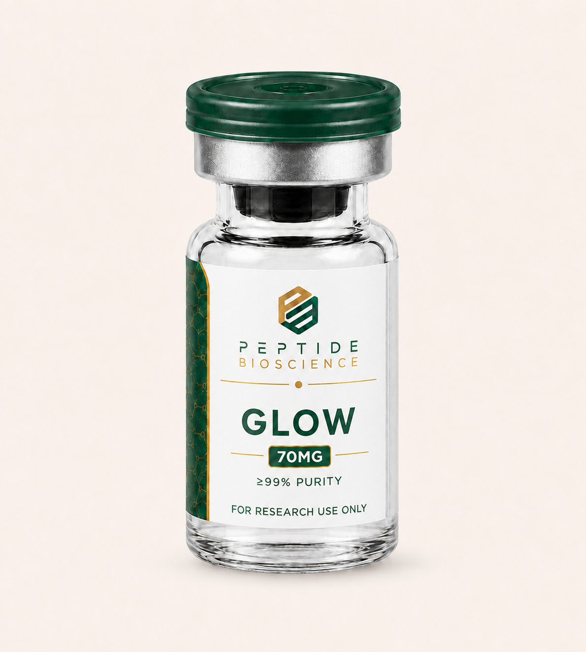 PEPTIDE BIOSCIENCE GLOW 70MG Vial Peptide Bioscience GLOW 70MG research peptide in glass vial with green cap.