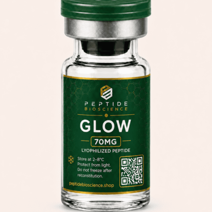 Peptide Bioscience Glow 70mg lyophilized peptide in glass vial with green label.