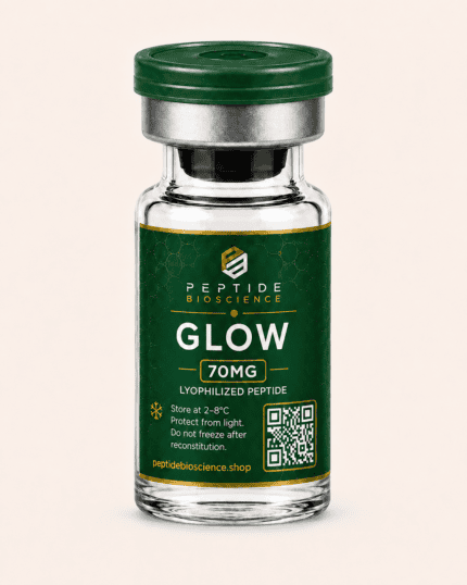 Peptide Bioscience Glow 70mg lyophilized peptide in glass vial with green label.
