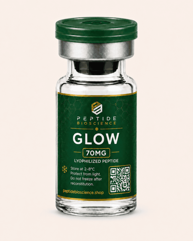 Peptide Bioscience Glow 70mg lyophilized peptide in glass vial with green label.