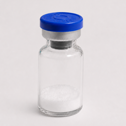 Clear glass vial with white powder and blue cap for peptide research.