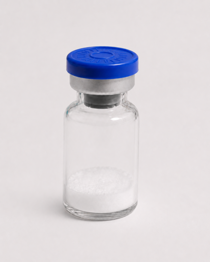Clear glass vial with white powder and blue cap for peptide research.