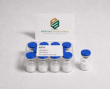 KVP peptide vials with blue caps for scientific research.