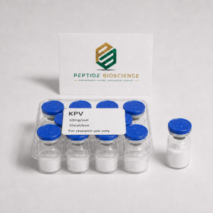 KVP peptide vials with blue caps for scientific research.