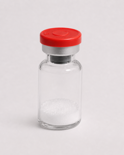 Clear glass vial with white powder and red cap for peptide research.
