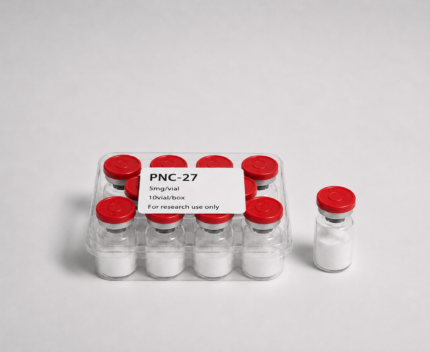 PNC-27 peptide vials with red caps for scientific research.