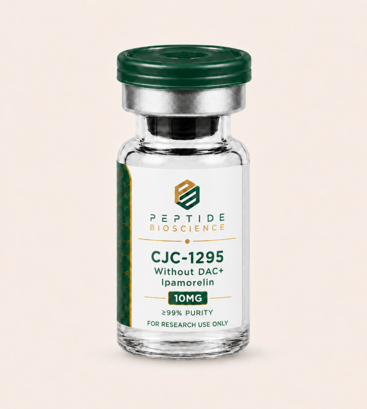 CJC-1295 Without DAC + Ipamorelin peptide vial for research use.