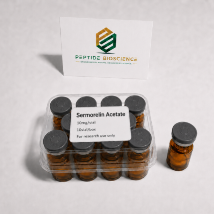 Sermorelin Acetate vials for research from Peptide Bioscience.