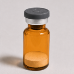 Amber glass vial containing Sermorelin Acetate peptide for research use.