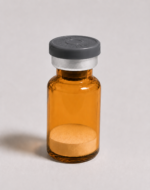 Amber glass vial containing Sermorelin Acetate peptide for research use.