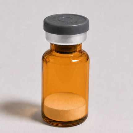 Amber glass vial containing Sermorelin Acetate peptide for research use.