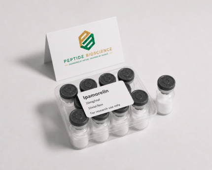 Ipamorelin peptide vials with Peptide Bioscience logo in background.