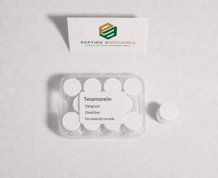Tesamorelin peptide vials for research from Peptide Bioscience.